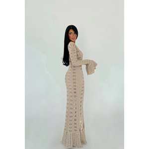 Vestido largo acampanado beige con botones, de viscosa y lana, para todas las estaciones, con cintura natural, estampado o liso, para invierno, otoño y verano, con cinturón y volantes. - Product Image 1