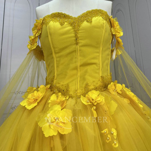 Robe de Quinceañera Princesse Jaune Perlée Lsmu164, Col Cœur, Traîne Chapelle, Longueur Ras du Sol, 100% Polyester, Plis Naturels, pour Fête - Product Image 4