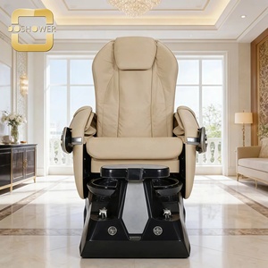 Fauteuil de pédicure moderne pour salon de beauté avec revêtement en cuir <span class=keywords><strong>beige</strong></span> et base noire, et double bac à <span class=keywords><strong>pieds</strong></span>, avec fonction massage. - Product Image 2