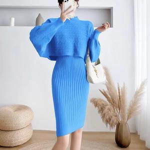 Robe pour femmes grandes tailles et pull en tricot pour femmes à col rond et manches lanternes - Product Image 6
