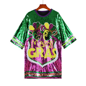 Ingrosso abito da t-shirt con paillettes brillanti Plus-Size Mardi Gras fatto a mano girocollo scintillante Look Sexy al ginocchio Jersey - Product Image 5