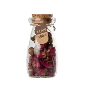 100 ml Großhandel neues Design heißer Verkauf Werkspreis getrocknete rosa Rose Knospen-Tee-Glas Rose Knospen-Tee Glasflasche mit Holzkorken