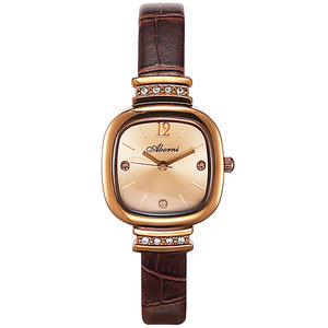 Montre élégante pour femme en or rose, cadran carré, cristaux, bracelet en cuir marron, cadran soleil, montre-bracelet à quartz - Product Image 1