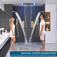 Ensemble de robinetterie de douche moderne pour hôtel en acier inoxydable laqué laiton à 4 poignées, avec vanne à icône lumineuse, fonctions 2-en-1, montage mural 14x20 pouces