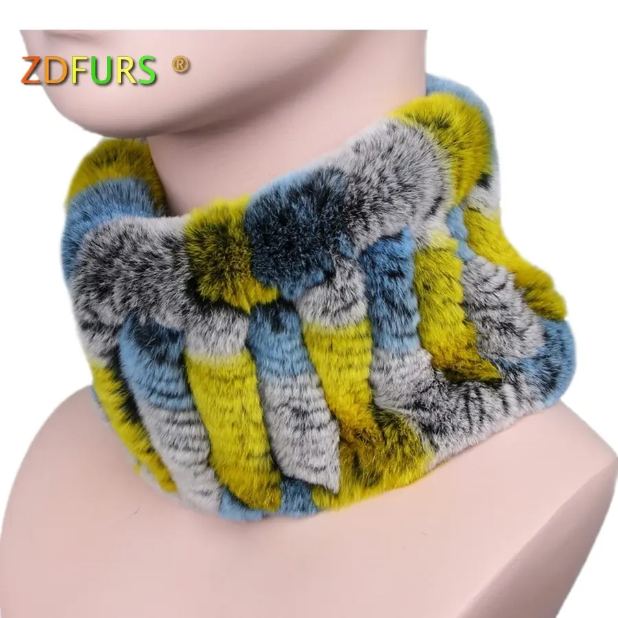 ZDFURS * Women Handmade Stretch fur scarf Knit Genuine Rex Rabbit Fur Headbands Girls Natural Fur Ring Scarves Winter