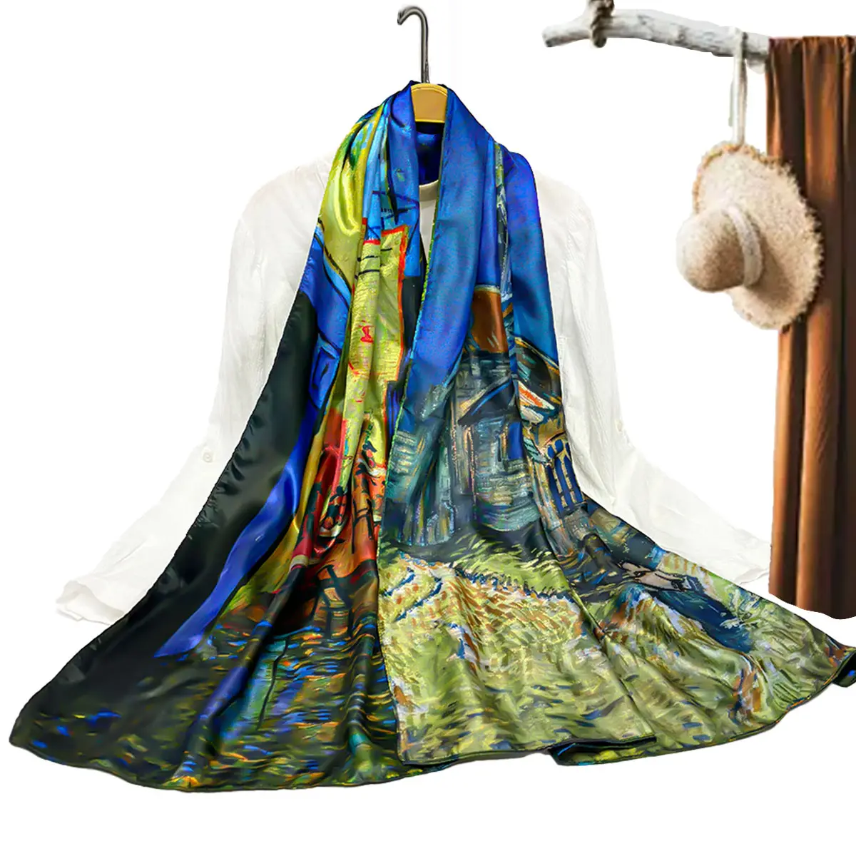 Customized fashionable and versatile imitation silk double-sided two-color oil painting printed women's satin silk scarf shawl