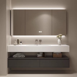 Nordic style double-layer rock board waterproof wall mounted smart <b>mirror</b> storage bathroom cabinet - Product Image 1