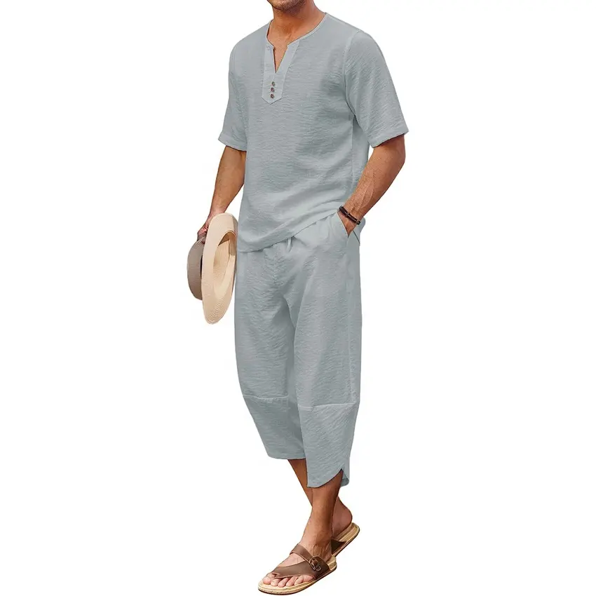 Мужской льняной комплект из 2 предметов, рубашка Хенли с коротким рукавом и шаровары капри с широкими штанинами, мешковатые пляжные брюки для йоги, одежда
