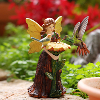 Figurine de fée forestière en résine avec tournesol et oiseau, ornement de jardin miniature pour la décoration de patio extérieur