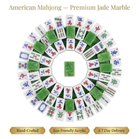 Jeu de Mahjong Américain de Luxe en Bois, 160 Tuiles en Acrylique Effet Marbre, Tapis de Jeu Antidérapant Bleu Vert Motif Botanique, Prêt pour 4 Joueurs, Idéal pour les Clubs