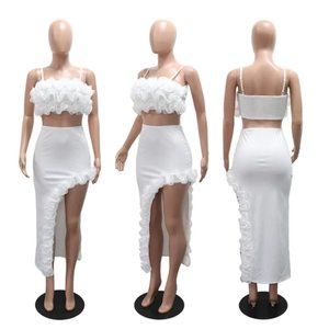 Ensemble deux pièces sexy pour femme : haut court personnalisé à bretelles, robe de plage, jupe midi à volants irréguliers, nœud à la cheville, style club - Product Image 5