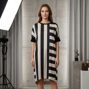 Abito Oversize <span class=keywords><strong>Luciola</strong></span>, Elegante e Casual, Vestito a Righe Midi per Donne, Manica Corta, da Ufficio a Weekend - Product Image 1