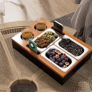 Porte-ustensile Boîte de rangement pour boissons en bois massif Snacks Couch Caddy Bamboo Sofa Arm Tray avec couvercle amovible