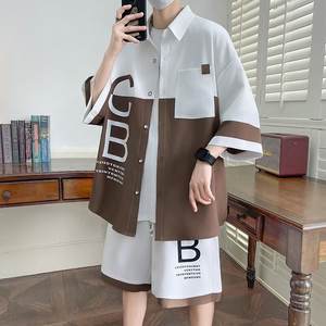 Ensemble deux pièces décontracté pour homme, manches longues, imprimé patchwork, avec short et chemise, tissu en élasthanne/coton - Product Image 3