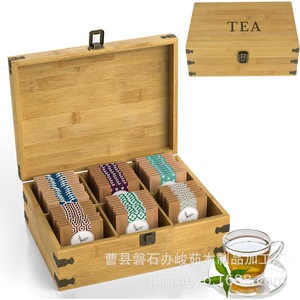 Bamboo <b>Tea</b> <b>Box</b> With Compartments For <b>Tea</b> Bags Office Desk Storage Organizer Rectangle Shape Engraved <b>Tea</b> Label - Product Image 1
