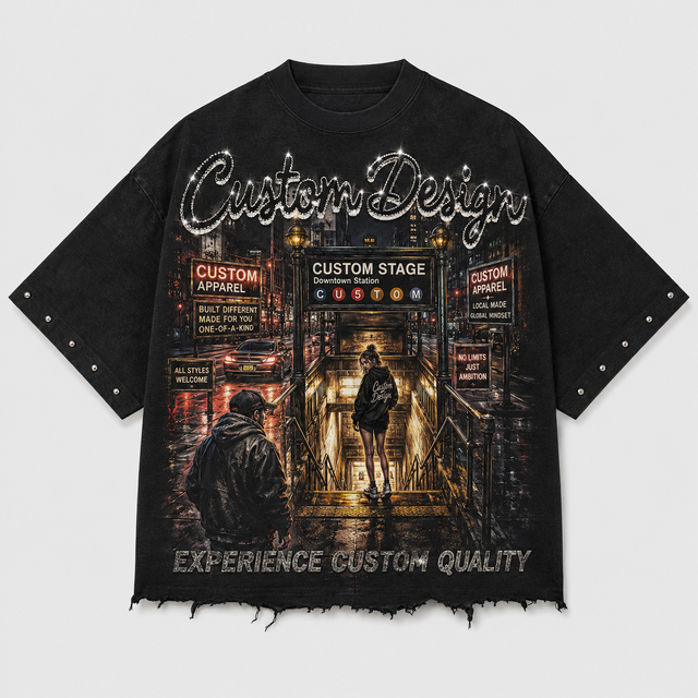 OEM Rhinestone Graphic Oversized T-shirt 300Gsm Heavyweight Cotton Vintage Wash Drop Shoulder Streetwear Custom Logo Men T Shirt