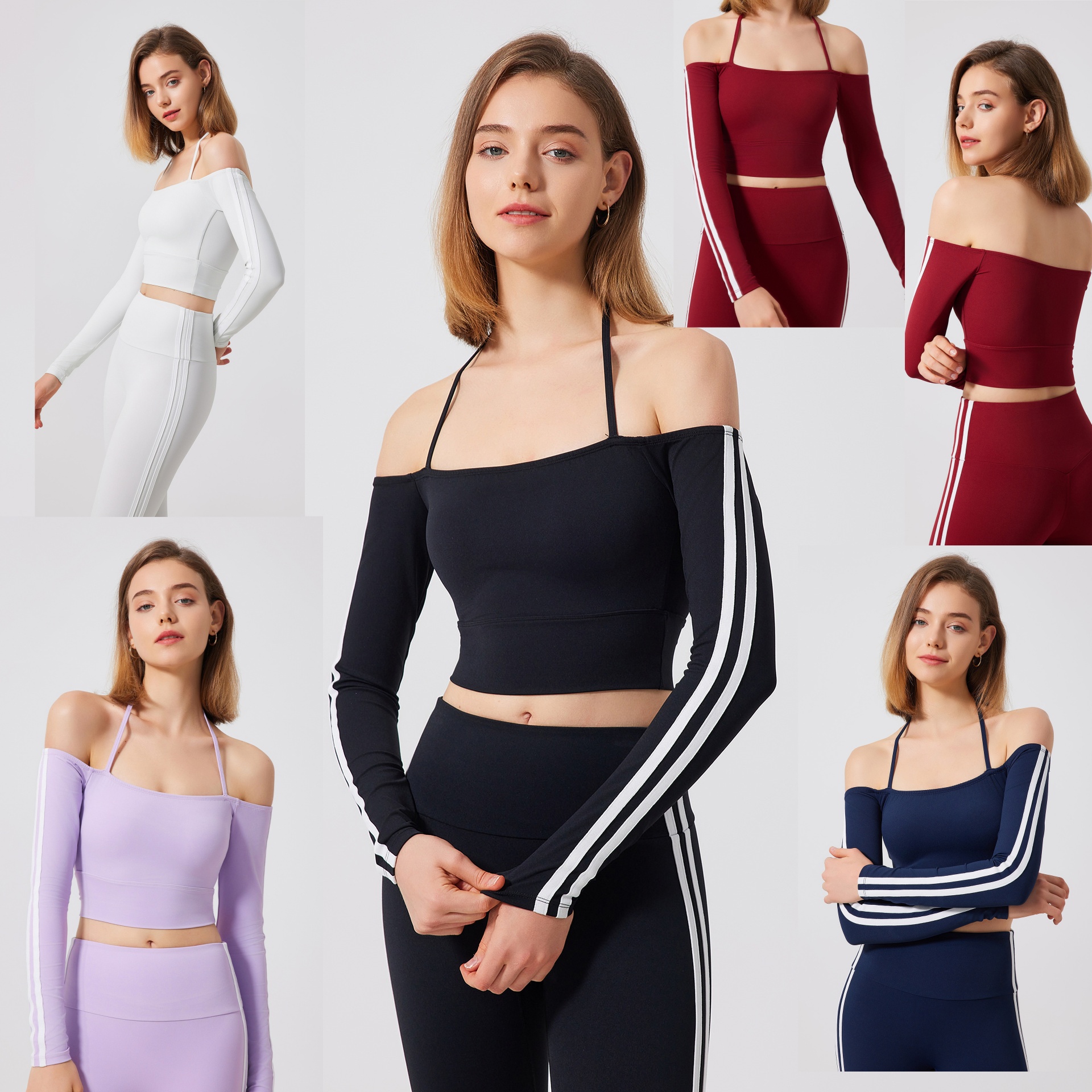 Sexy Girl Yoga Wear with Chest Pads Running Quick-drying Sports Top Off-the-shoulder Long Sleeves Fitness Shirts