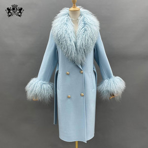 Abrigo de lana largo Janefur para mujer, abrigo de Cachemira de doble cara a la moda con cuello y puños de piel de cordero mongol - Product Image 3