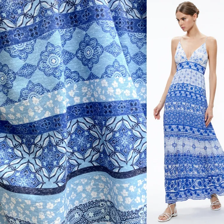 여자 드레스에 대 한 사용자 정의 85% 폴리 에스테르 15% 린넨 니트 135GSM 보헤미안 패턴 단일 저지 인쇄 직물