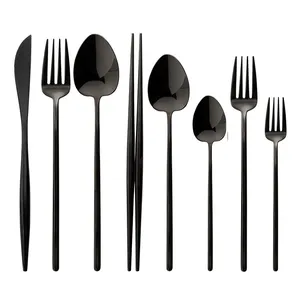 Juego de cubiertos de acero inoxidable B416 Hongda 10%, cuchara y tenedor de Metal negro brillante con espejo multicolor, 304 de descuento