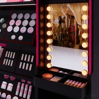 Exhibidor de Piso de Madera Todo en Uno con Luz LED, Letrero Publicitario, Espejo de Maquillaje y Cajones para Exhibición de Cosméticos en Tiendas