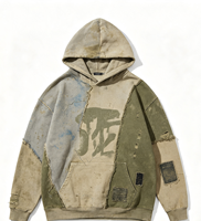 Sweat à capuche patchwork effet vieilli Dirty Spray, tissu épais, effet lavage vintage, personnalisation DTG Kornit, fabricant OEM