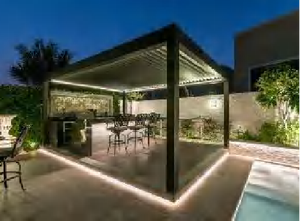 Pérgola de aluminio motorizada impermeable con lamas de HDPE para exteriores, gazebo con puerta corrediza de vidrio, fácil de montar, China - Product Image 1