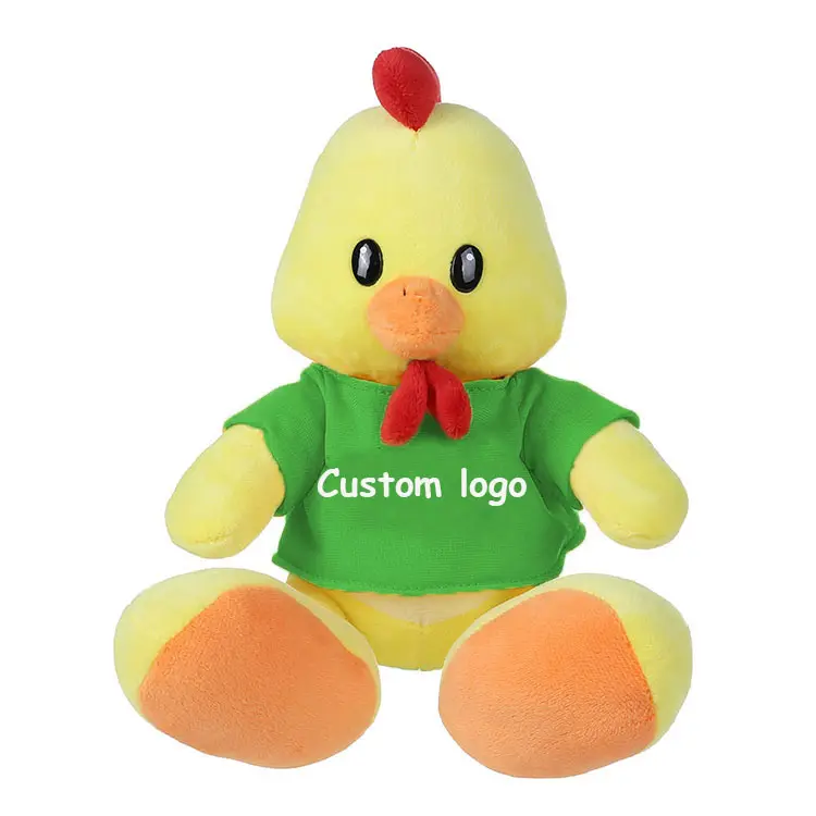 Galinha de brinquedo de pelúcia fofa personalizada, com camiseta de subolmação, venda no atacado, promoção, pelúcia, galinha amarela, brinquedos macios