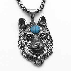 Yunnique – collier avec pendentif tête de loup en acier inoxydable, incrustation de turquoise, cadeau pour hommes - Product Image 1