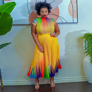 K10386 <span class=keywords><strong>Issey</strong></span> <span class=keywords><strong>Miyake</strong></span> ชุดเสื้อผ้าผู้หญิง2ชิ้นพิมพ์ลายเสื้อยืดแขนสั้นคอกลมชุดกระโปรงมีจีบ - Product Image 2