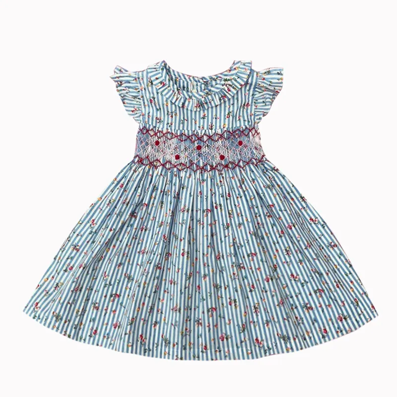 Một Mảnh Bán Buôn Ngắn Tay Áo Màu Xanh Lá Cây O-cổ Cotton Cô Gái Smocked Dresses Cho Trẻ Em 1-5 Năm