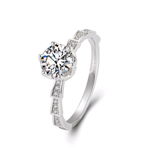Classic Six Prong Lab Created Diamond <b>Ring</b> Round Cut <b>Solitaire</b> with Tiered Channel-Set Accents Bridal Wedding Band in 925 <b>Silver</b> - Product Image 1