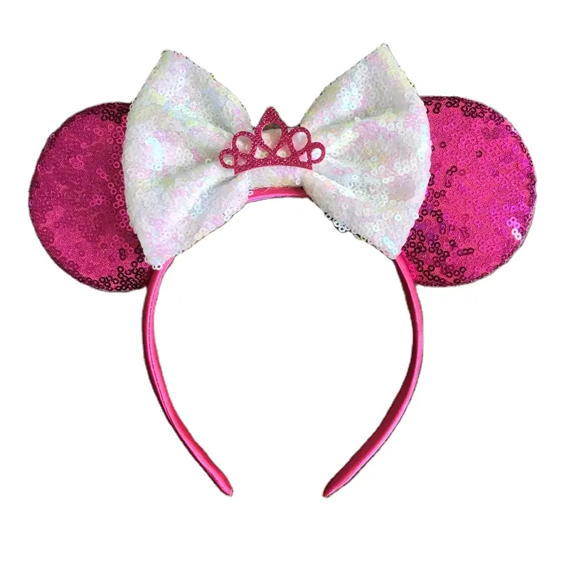 Venta al por mayor de moda nuevo Mickey orejas cabeza aro Rosa rojo brillante corona gran lazo diadema fiesta hairwear Tema de dibujos animados regalo de vacaciones