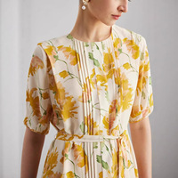 Robe florale luxueuse 100 % soie de mûrier pour femme, élégante, vintage, col rond, manches courtes, en crêpe de Chine, longueur midi, été 2026