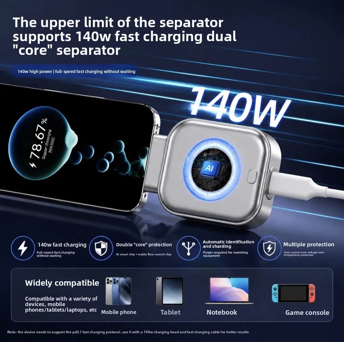 140W Smart Charging Separator Auto Cut Off When Full Anti-overcharge Safe Night Charger Type-C Adapter for Mobile Devices · image 3