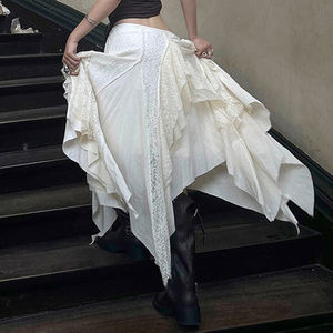 Bohemian Lace Tiered <b>Skirt</b>-Women's <b>A</b>-<b>Line</b> Midi Asymmetrical Ruffle Raw Hem Natural Waist Eco-Friendly Vacation Pure Desire Style - Product Image 3