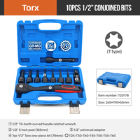 Juego de llaves de impacto Torx de 10 piezas de 1/2 pulgada de Cr-Mo, listo para OEM y ODM, con mango de trinquete y estuche rígido, incluye tamaños de puntas T25 a T60