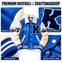 Blouson universitaire personnalisé pour homme en cuir et laine bleu roi avec logo brodé sur le devant, patch en lettres chenille, OEM ODM Marque Privée