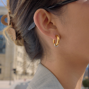 C-Shaped <b>Huggie</b> Earrings Stainless Steel Gold Tone With <b>Silver</b> Ring Detail Fashion Hoop Earrings - Product Image 3