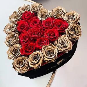 新到货黄金供应商保存玫瑰心形玫瑰，保存在花盒中，持续一年持久的玫瑰
