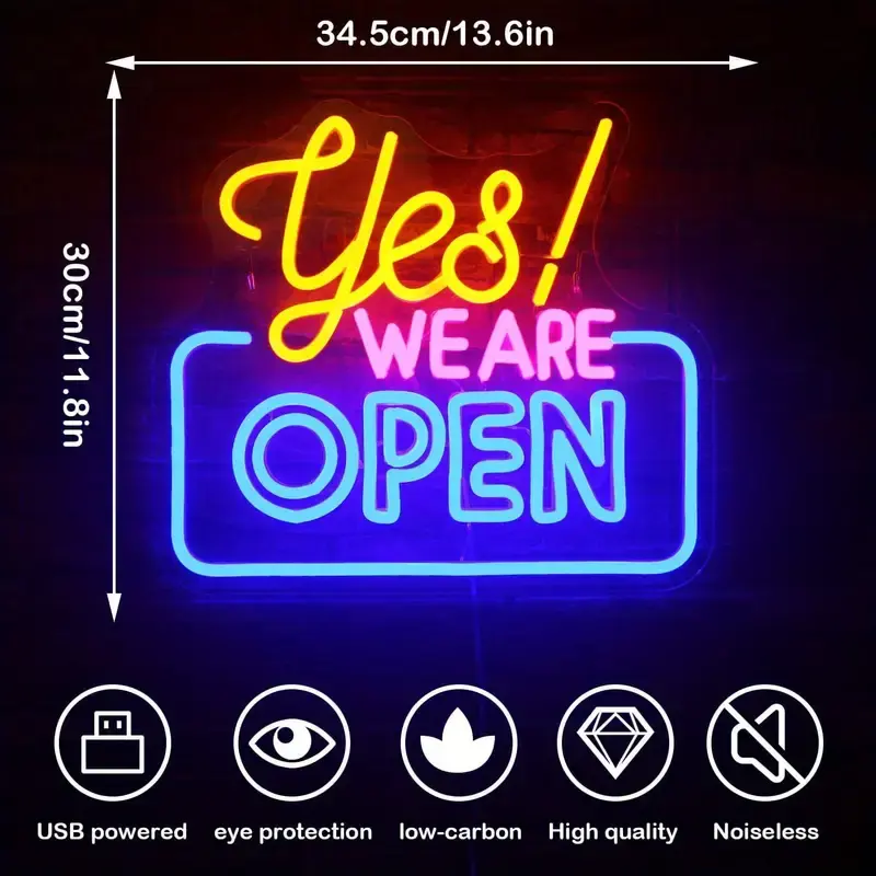 Yes We Are Open Neon Sign - LED Neon Light for Shops, Custom Open Sign with 5V USB Power, Personalized Open Neon