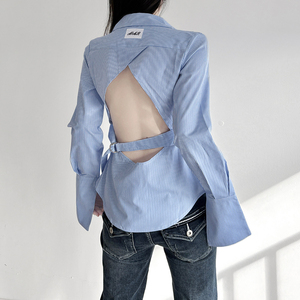 Chemise à manches longues pour femme, imprimée à rayures bleues, style streetwear tendance, cardigan boutonné dos nu - Product Image 5