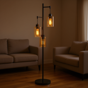 Lámpara de Pie Retro de 3 Cabezas con Pantalla de Vidrio Ámbar, Base de Metal Estilo Vintage, Bombilla E26, Iluminación Residencial - Product Image 2