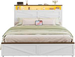 100 MOQ Farmhouse White <strong>Wooden</strong> King Size <strong>Bed</strong> Frame WithStorage Bookcase Headboard and 4 Drawers LED Light Charging Station - Product Image 2