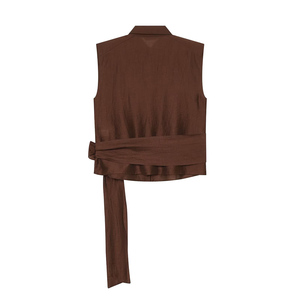 PB&ZA Donna 2026 Nuova Moda Estiva Camicette in <span class=keywords><strong>Lino</strong></span> con Fiocco Vintage Senza Maniche Marrone Camicie Femminili Chic Top - Product Image 2
