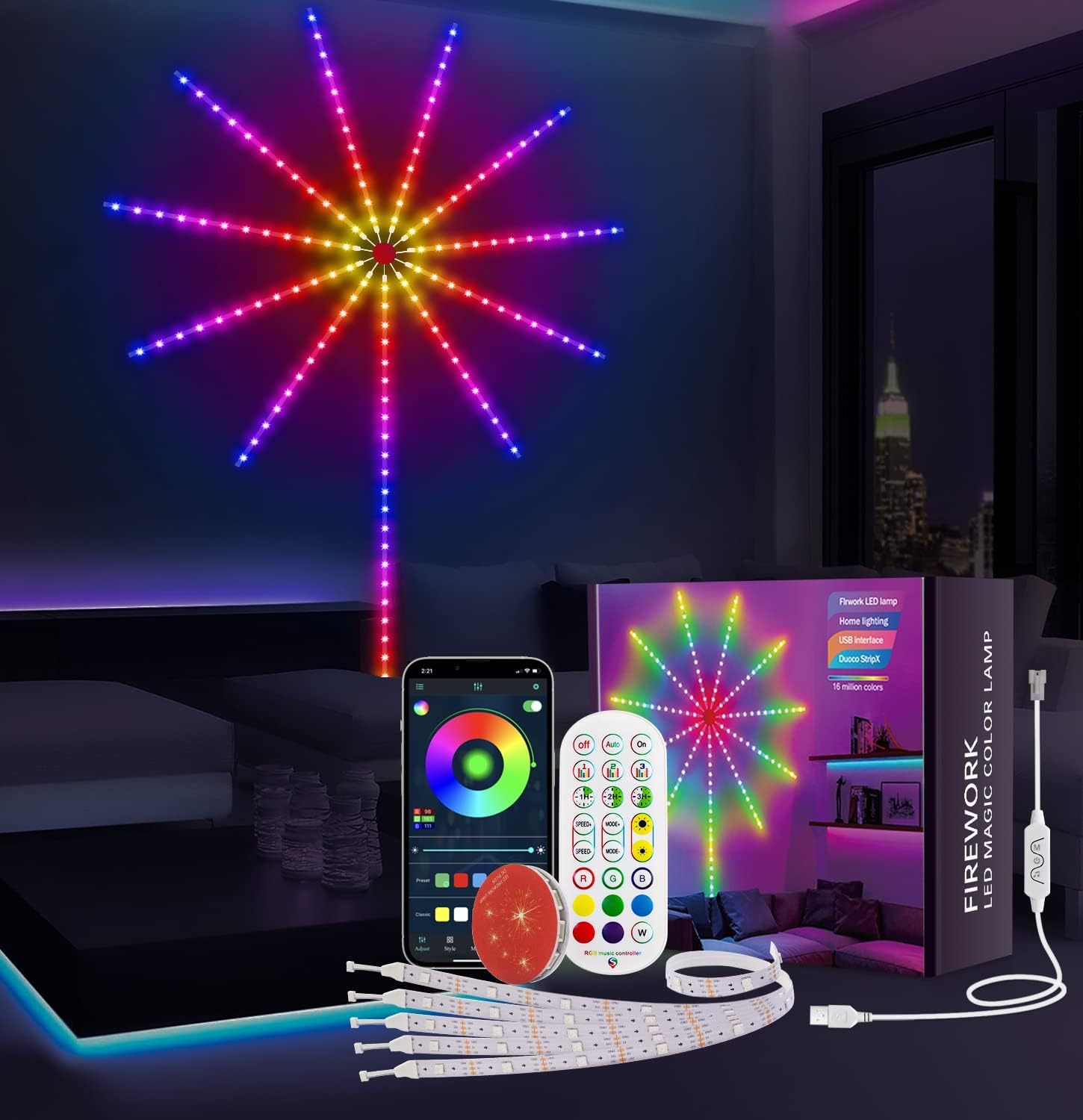 Smart Firework LED Strip Lights USB Powered ABS Material Color-Changing RGB Remote App Control IP65 Rated Dimmable High CRI 90
