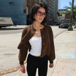 Cardigan en tricot respirant uni rétro avec boutons et coupe ample confortable pour femme, automne - Product Image 1