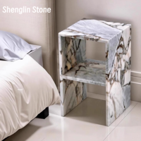 Table d'appoint carrée en marbre à veines distinctes, 2 niveaux, creuse, personnalisable OEM/ODM, en pierre naturelle, pour chambre, hôtel, villa, intérieur