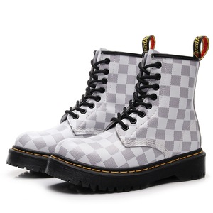 <b>Work</b> <b>boots</b> with women's checkered patterned patch thick mid-heel short <b>boots</b>, men's and women's smooth <b>leather</b> <b>boots</b> - Product Image 5