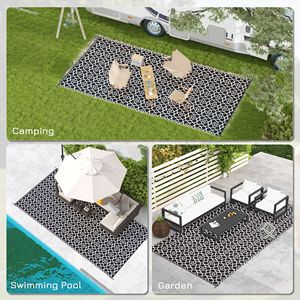 พรมกลางแจ้งแบบพกพา9 'x 18' แบบพลิกกลับได้การออกแบบใบโคลเวอร์ขาวดำสำหรับการตั้งแคมป์ RV - Product Image 5
